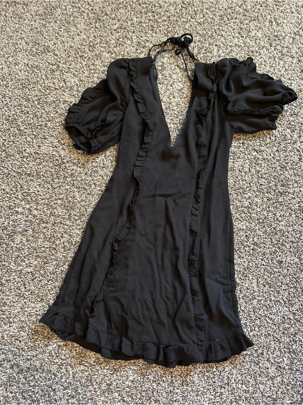 Black V-Neck Ruffle Mini Dress with Puff Sleeves